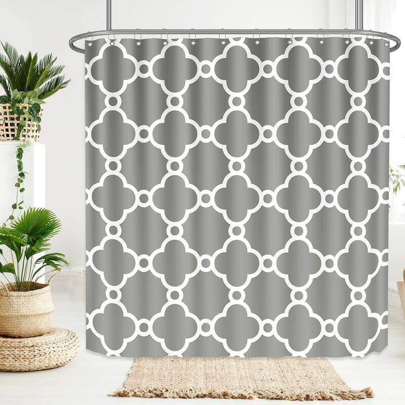 Grey and White Shower Curtain Geometric Moroccan Fabric, 72"x72"