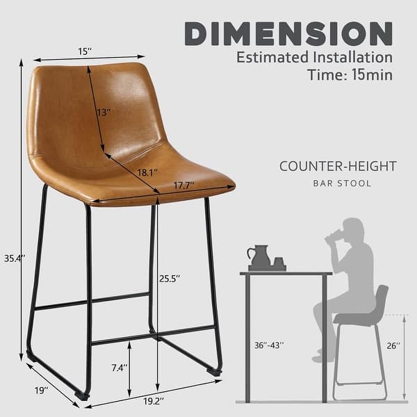 dimension image slide 2 of 19, Bossin 18/26/30 inch Bar Stools,Counter Height Bar Stools with Back Modern PU Leather Stools Dining Chair with Footrest