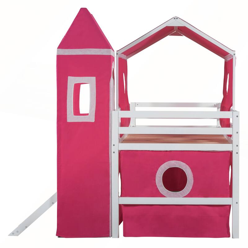 Twin Size Loft Bed with Slide Tent and Tower