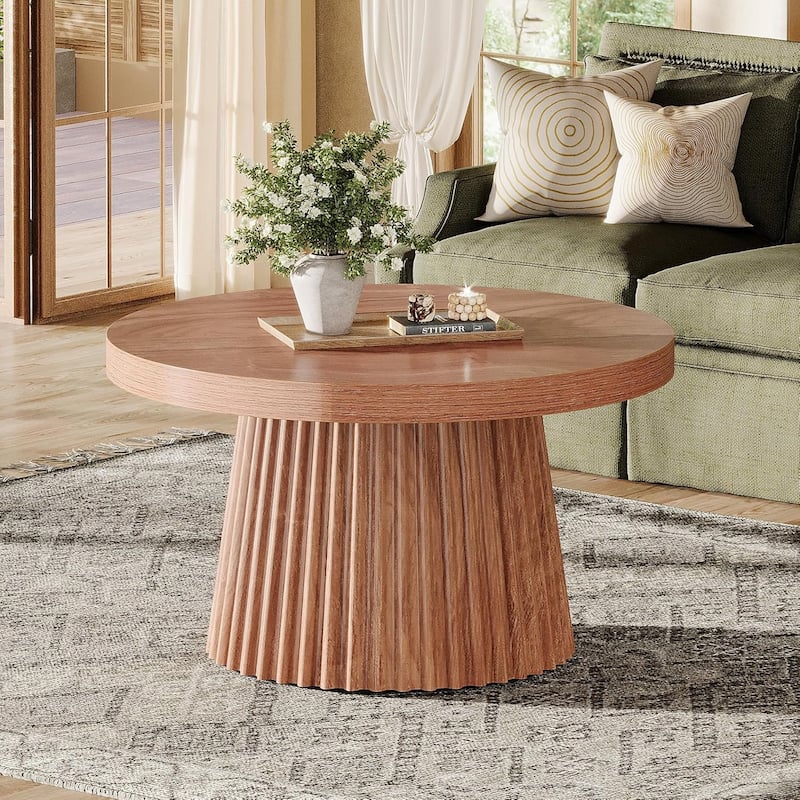 31.5" Round Modern Coffee Table Center Table with Fluted Drum Base - 31.5"W x 31.5"D x 17.7"H