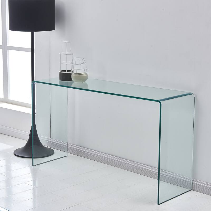 Crystal-Clear Tempered Glass Console Table - Rounded Edge Design‌ - Clear