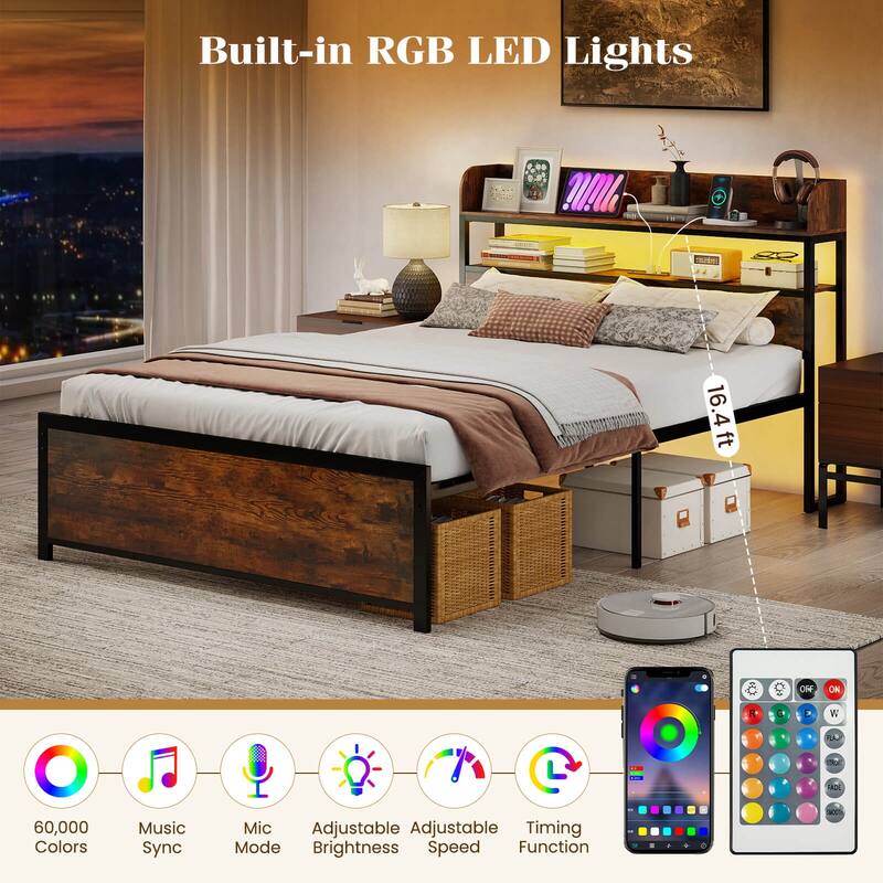 Coatway Full/Queen/King Bed Frame with LED Lights Power Outlets