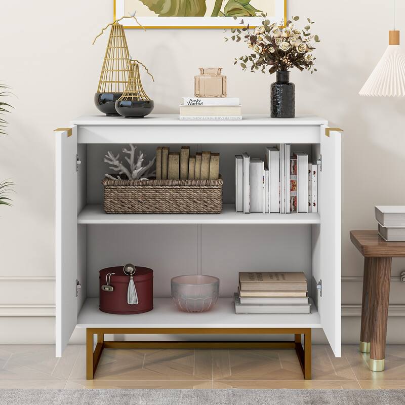 Cabinet with Herringbone Wood Pattern Door, Kitchen Buffet Cabinet, Coffee Bar Cabinet with Sheles & Metal Base
