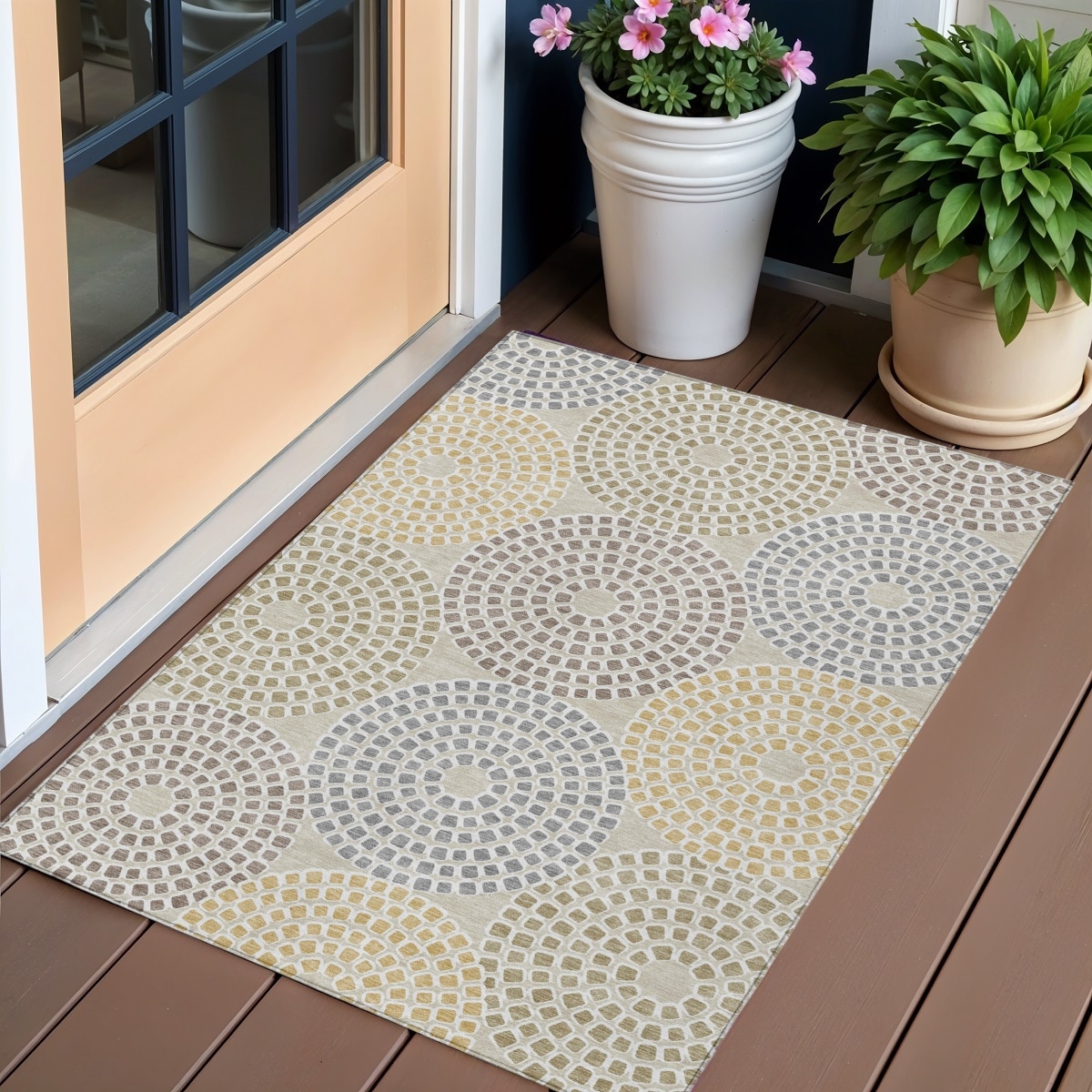 3' X 5' Beige Brown And Gray Geometric Washable Indoor Outdoor Area Rug - 3'6"