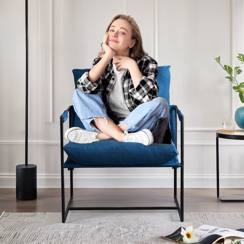 Modern Accent Linen Sling Chair with Metal Framed Soft Bag Cushion, Comfy Accent Chair for Living Room Office - Peacock Blue