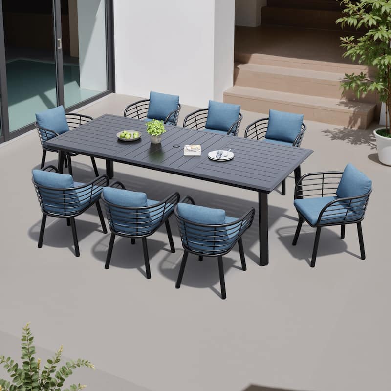 7/9-Piece Set Outdoor Aluminum Dining Table and Dining Chairs with Sunbrella Fabric Cushion - Spectrum Denim - Set of 9