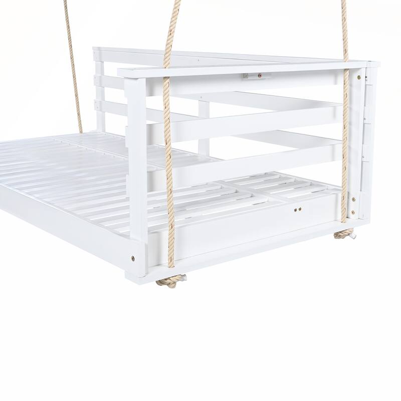 Country Patio Wooden Twin Size Swing Daybed with 4pcs 96-inch Hemp Ropes for Backyard and Garden