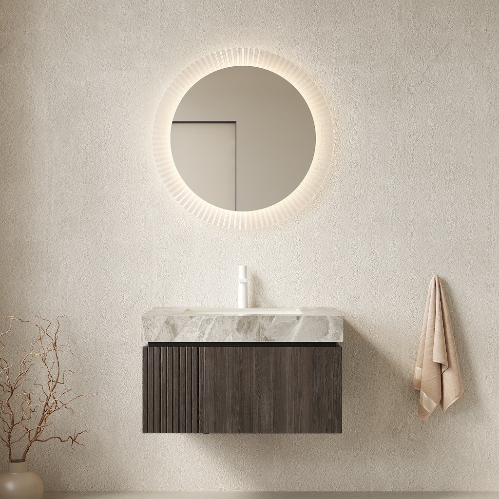 30" Bathroom Vanity & Sink, Floating Plywood Storage Cabinet with Drawer & Door, Sintered Stone Top & Ceramic Basin