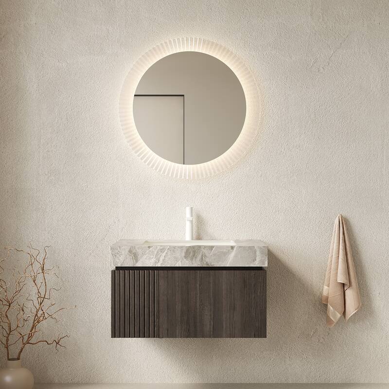 30" Floating Bathroom Vanity with Sintered Stone Top & 1-Hole Ceramic Basin, Pre-assembled Plywood Cabinet - Espresso+Light Grey