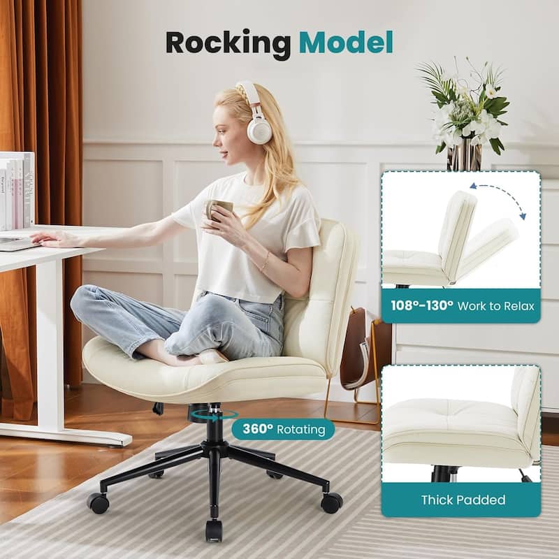 Criss Cross Chair with Wheels, Legged Home Office PU Leather Wide Armless Desk Seat - 27"D x 26.4"W x 34.8"H
