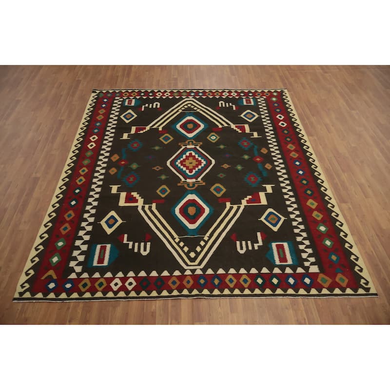 Hand Woven Oriental 100% Wool Carpet Southwestern Tribal Black Kilim Area Rug - 9' 9'' X 8' 5''