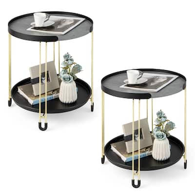 Gymax 2PCS 2-Tier Side End Table Round Nightstand Gold Frame for