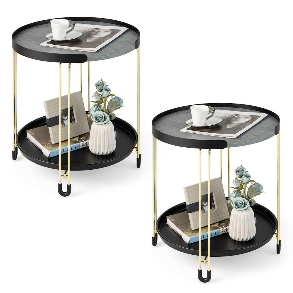 Gymax 2PCS 2-Tier Side End Table Round Nightstand Gold Frame for