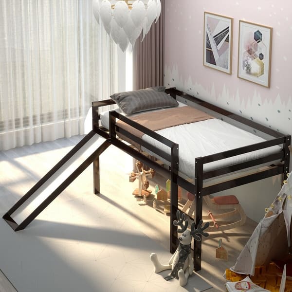 slide 2 of 10, Gymax Twin Size Loft Bed with Slide Wood Low Sturdy Loft Bed Bedroom Espresso - 78.5'' x 82'' x 44.5''