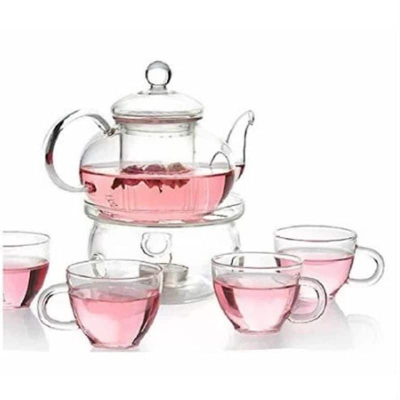 6-Piece Glass Tea Pot Set with Infuser Warmer and 4 Cups for Hot Tea and Kung Fu Ceremonies - 2'' H