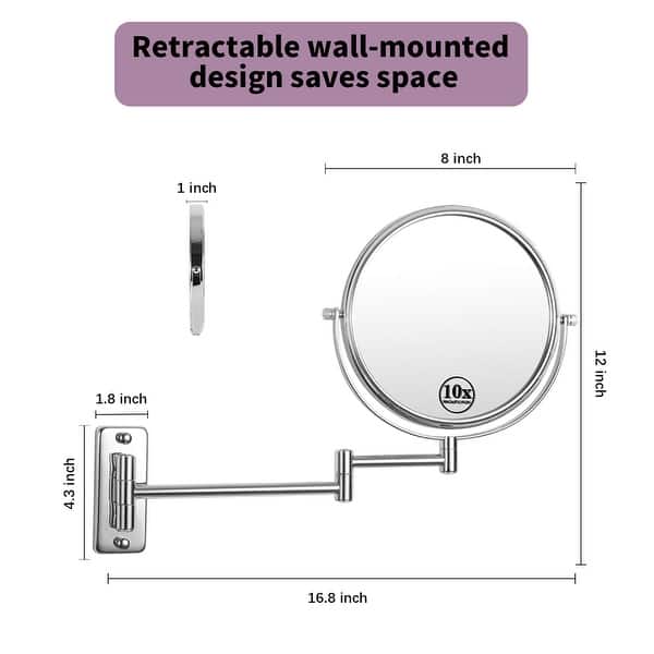 dimension image slide 1 of 11, 8" Bathroom Mirror Wall Mounted Magnifying Reversible Double Sided 1X/10X Makeup Mirror