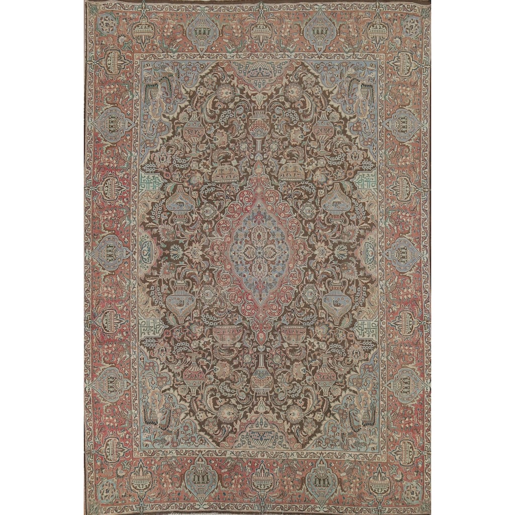 Brown Floral Kashmar Persian Vintage Area Rug Hand-Knotted Wool Carpet - 9'8"x 12'6"