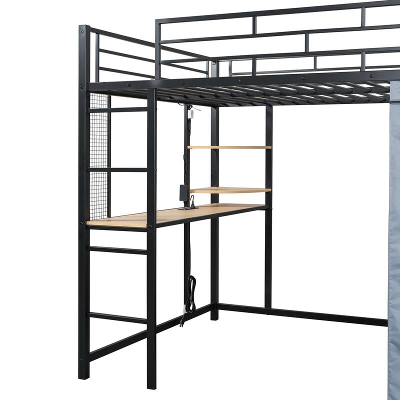 Modern Loft Bed with Desk & Wardrobe, Metal Loft Bed Frame with Shelves, USB Power Outlet, LED Light, for Kids Teens Adults