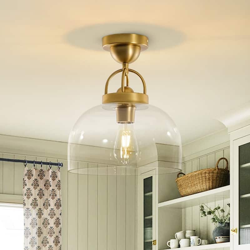 Mid-Century Modern Glass Dome Single Semi Flush Mount Ceiling Light - Brass