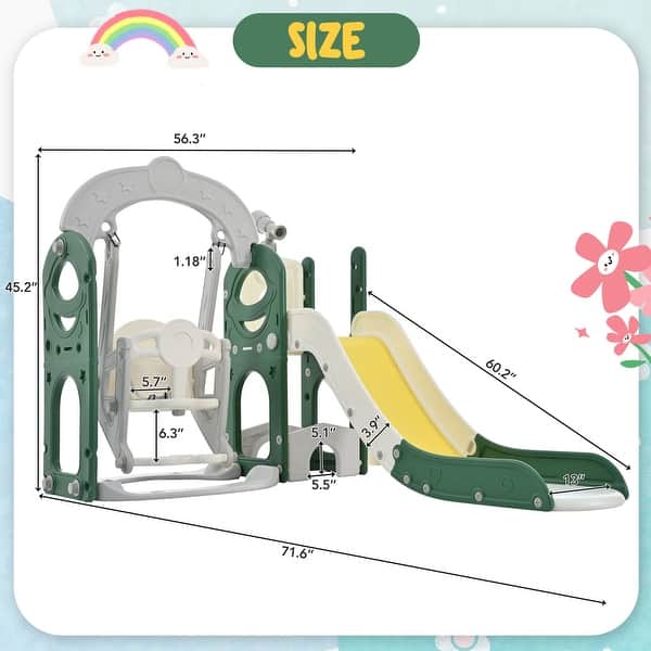 dimension image slide 2 of 5, 5 in 1 Toddler Slide and Swing Set - Indoor & Outdoor Kids Playground Climber with Telescope - 71.6'' L x 56.3'' W x 45.2'' H