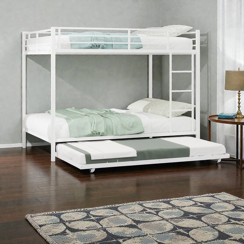 Durable Iron Bunk Bed with Twin Over Full Design, Trundle, Safety Rails, Ladder & Space-Saving Modern Metal Frame