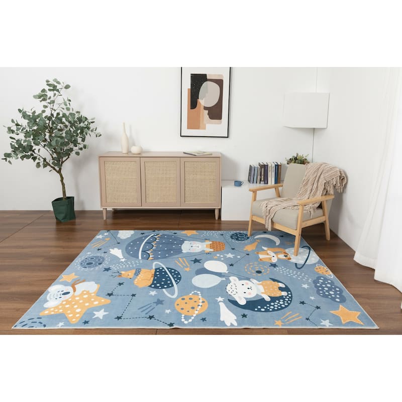 Kids Collection Stars, Planets, & Cheerful Animals Navy Rug