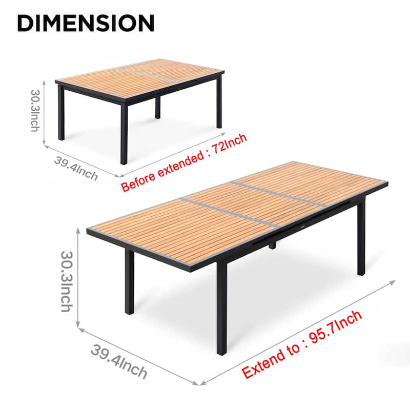 HIGOLD Teak Aluminum 1-Piece Extendable Patio Dining Table, Outdoor Furniture for 8