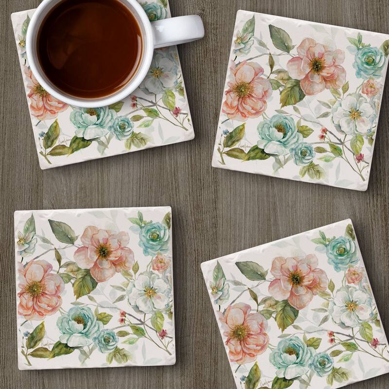 Pastel Garden 4-Pack Tumbled Tile Stone Coasters with Protective Cork Backing Manufactured in The USA