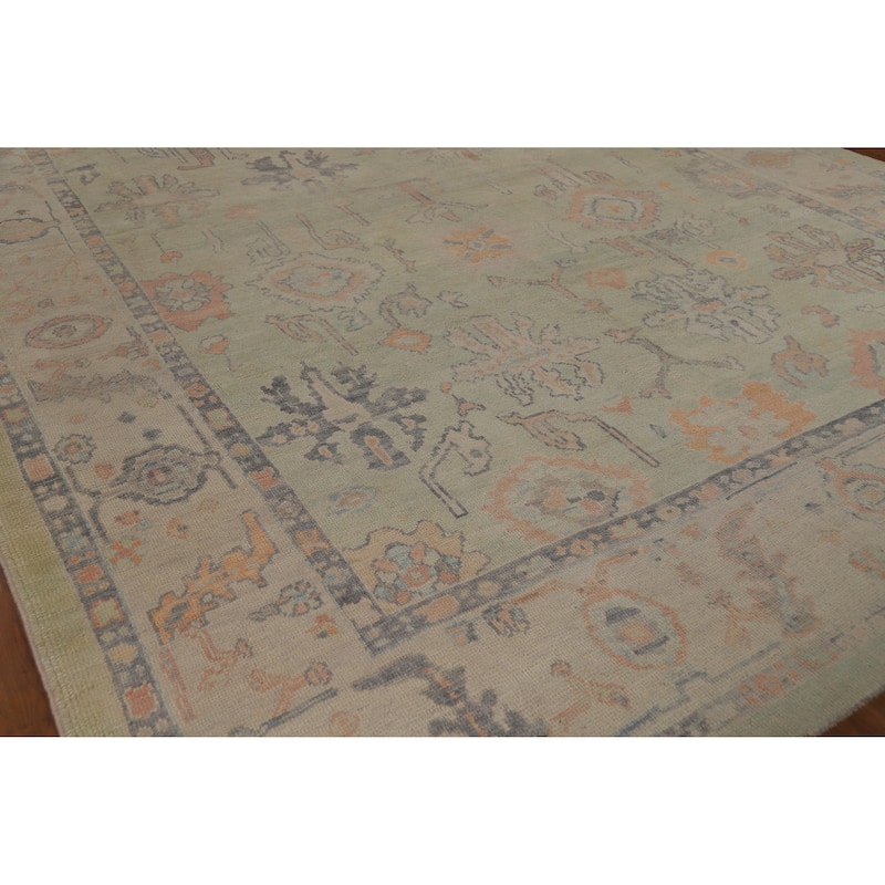 Hand Knotted Oriental 100% Wool Carpet Transitional All-Over Green Oushak Area Rug - 13' 9'' X 10' 4''