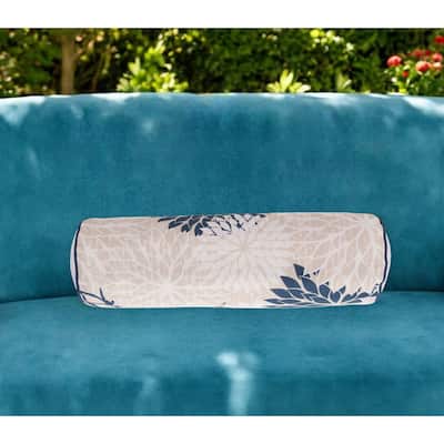 6" X 20" Beige Blue and Ivory Bolster Floral Indoor Outdoor Throw Pillow - 6" x 20"