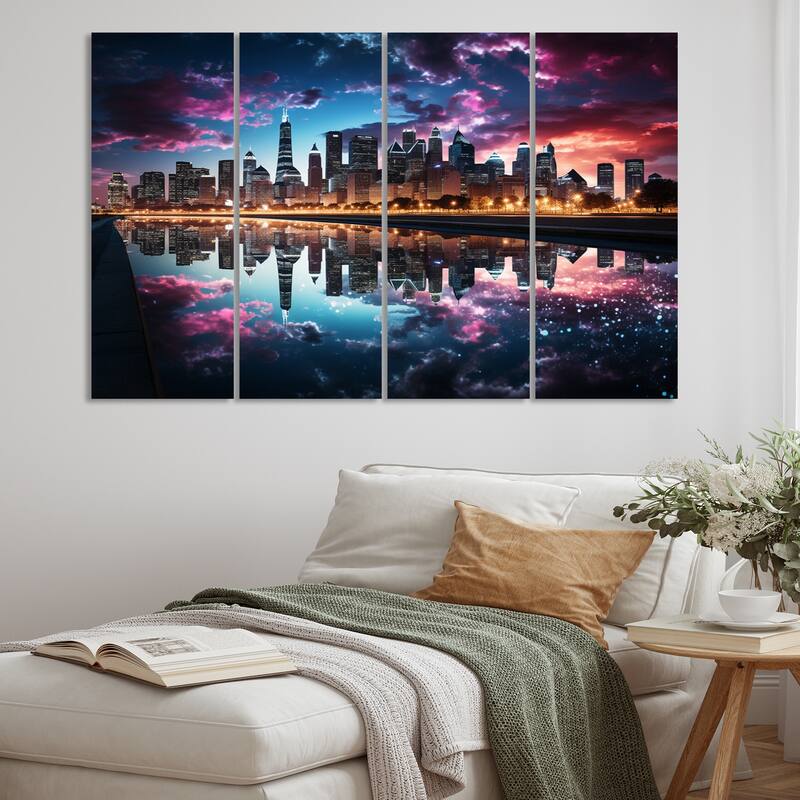 Designart "USA Chicago Skyscrapper Reflections" Cityscapes Multipanel Canvas Art Print set - 48 In. Wide X 28 In. High - 4 Panels Equal Panels
