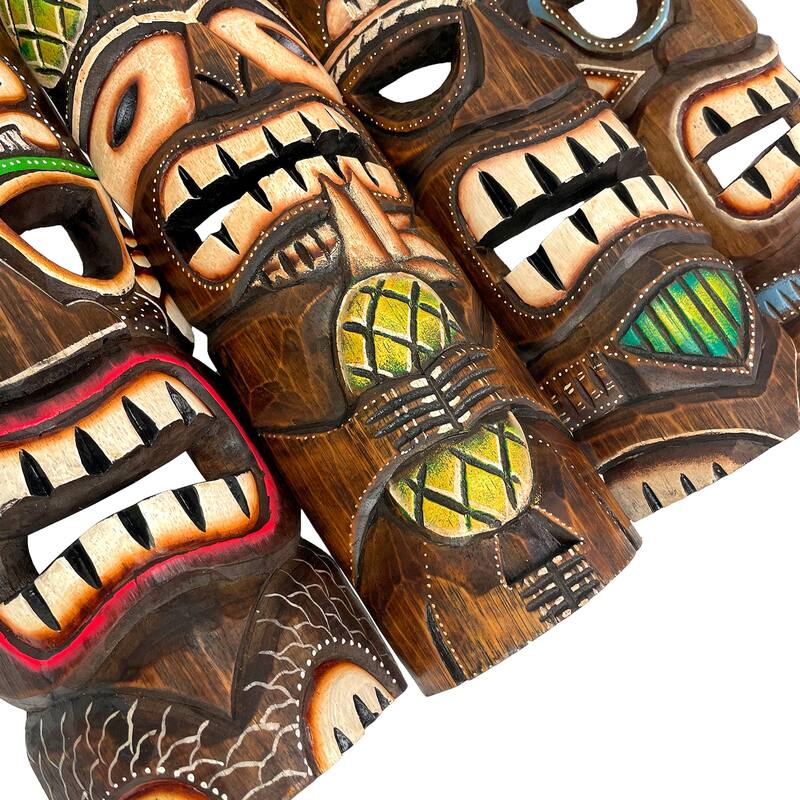 Set Of 4 Hand-Carved 20" Tiki Wall Masks Tropical Hawaiian Decor