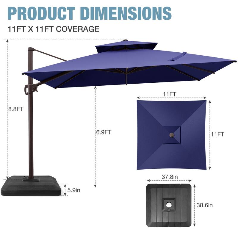 VredHom 11 FT Square Outdoor Patio Double Top Cantilever Umbrella with Weight Base