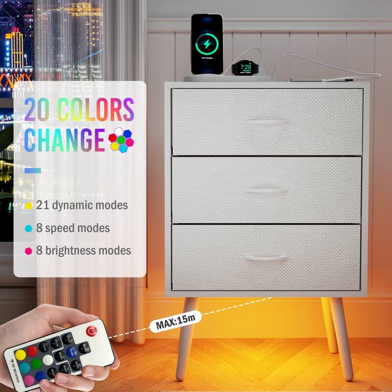 2 Pack Modern Nightstand with Charging Station, Bedside Tables with LED Light and Fabric Drawers