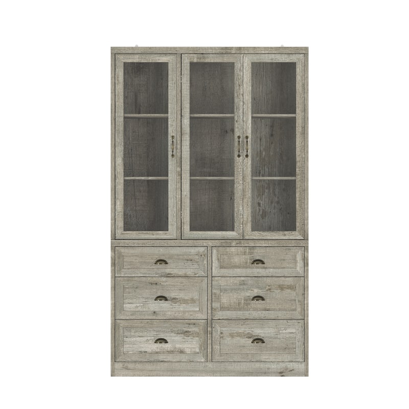 Farmhouse Kitchen Pantry Cabinet 6-Tier Bookshelf with Adjustable Shelves & Glass Doors