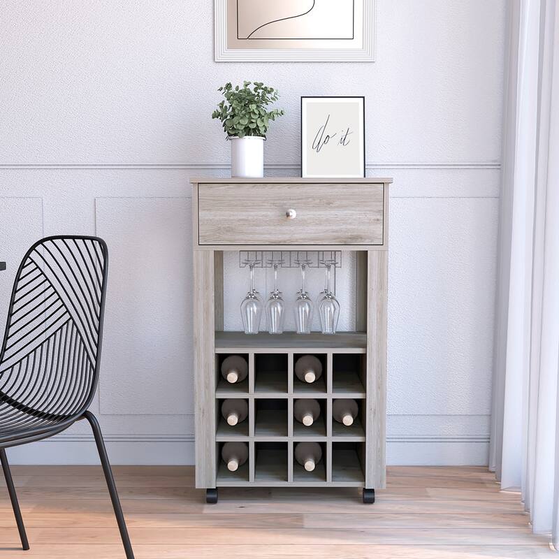 Bar Cart , Twelve Wine Cubbies, Four Legs, Grey Wengue Finish