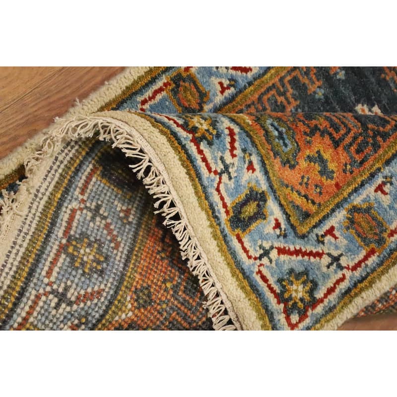 Hand Knotted Oriental 100% Wool Carpet Traditional Geometric Navy Blue & Blues Viss Runner Rug - 8' 9'' X 2' 7''