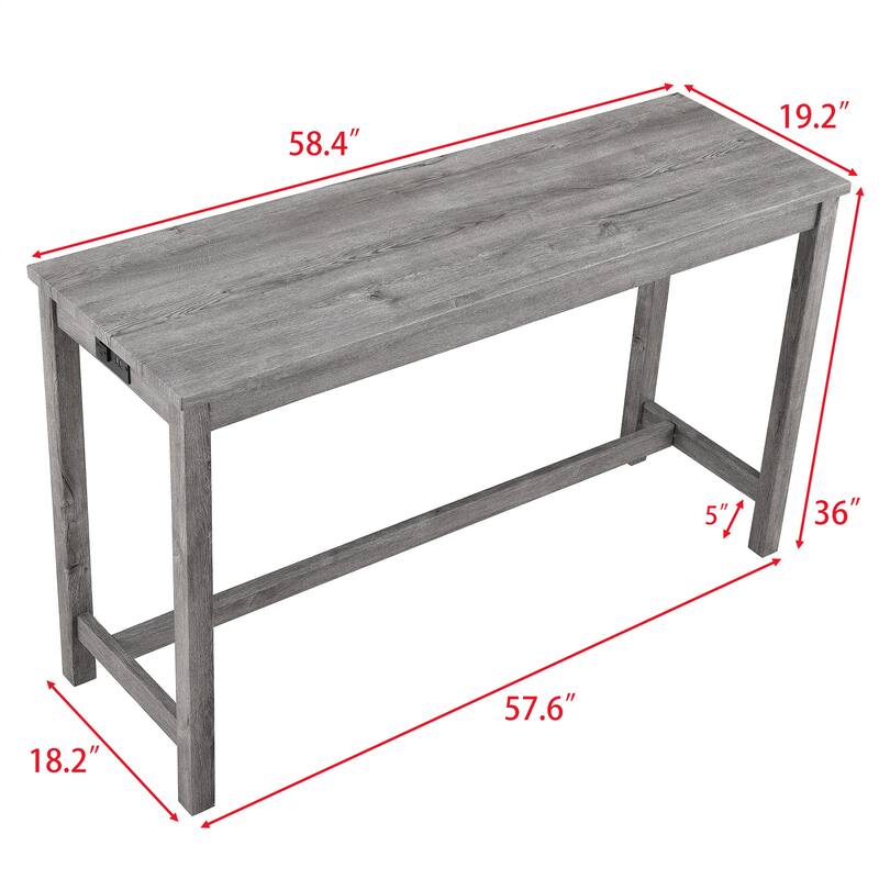4 Piece Dining Table Set with 3 Upholstered Seat, Grey Bar Table Set with Power Outlet, 3 Ergonomic Backless Stools