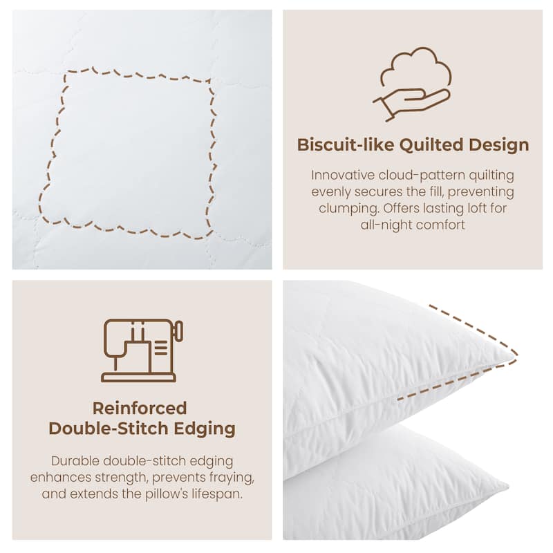 2 Pack Premium Quilted Gusset Goose Feather Down Bed Pillows for Side & Back Sleepers - White