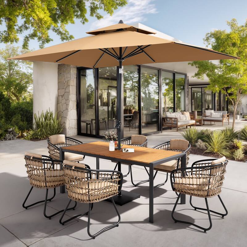 9-Piece Outdoor Patio Dining Set Wood Like Aluminum Umbrella Hole Table with Rattan Chairs, Market Umbrella and Base - BrownTable&BeigeChairs