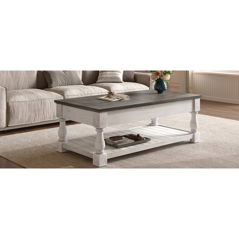47" Farmhouse Lift Top Coffee Table with Fixed Shelf and 3 Hidden Storage