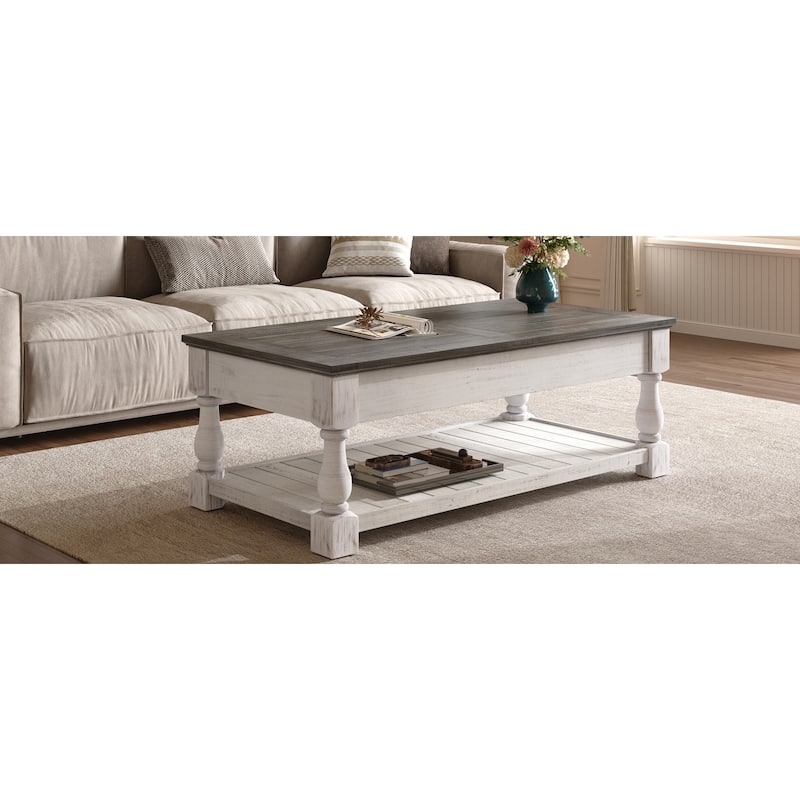 Farmhouse Lift Top Coffee Table with Fixed Shelf - 3 Hidden Storage Trays, Handcrafted Solid Wood Splice Tabletop