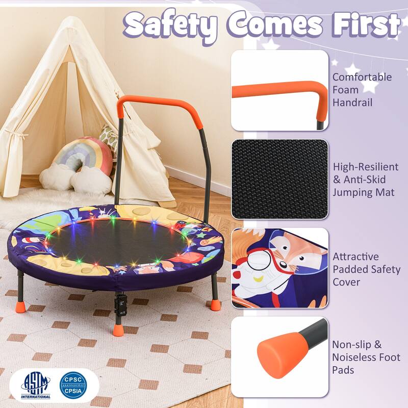 Foam Kids Trampoline with LED Lights, Foldable Frame and Handrail