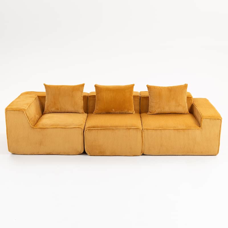 Deep Seat Modular Sofa Corduroy 3 Seater Lounge Couch with Pillows - Orange