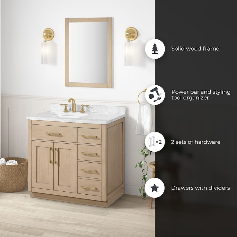 Athea Bathroom Vanity with White Engineered Marble Top - 36" - Sahara Birch with Brushed Gold Hardware