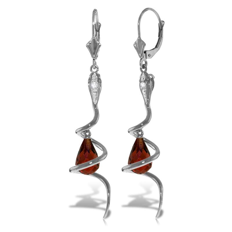 14K Solid Gold Snake Earrings w/ Dangling Briolette Garnets & Diamonds - White