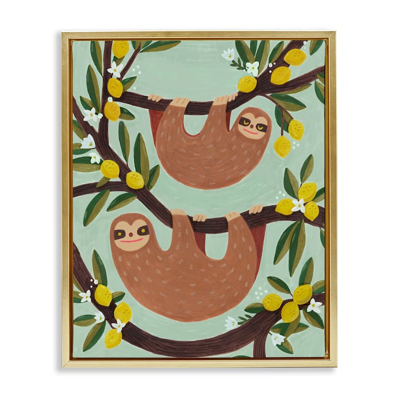 Stupell Hanging Sloths from Lemon Tree Framed Floater Canvas Wall Art Design By Irene Chan - 17 x 21 - Gold
