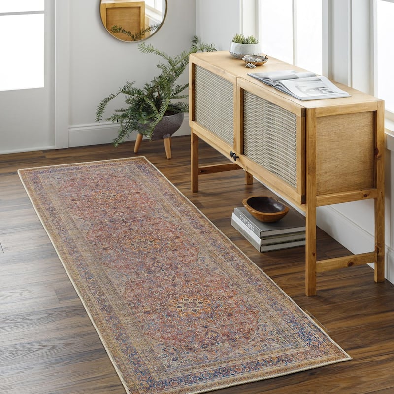 Livabliss Traditional Amelie Medallion Washable Area Rug - 2'7" x 7'10" - Blue/Orange