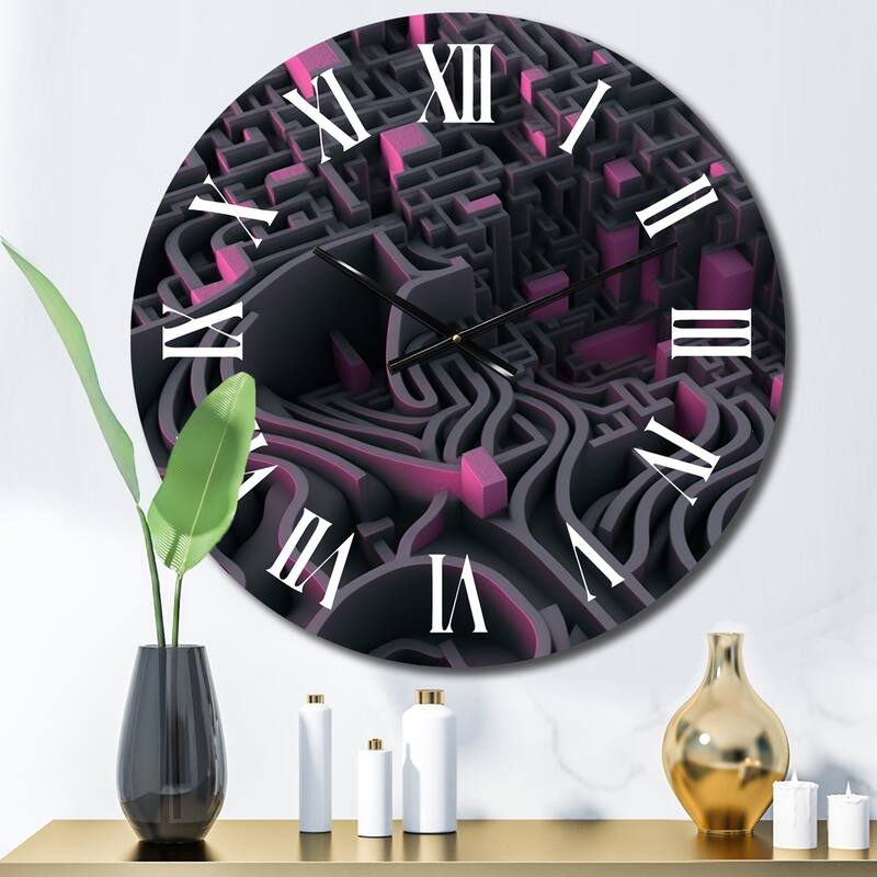 Designart "Futuristic Labyrinth Purple Maze Matrix II" Modern Geometric Oversized Wall Clock - 23 In. Wide x 23 In. High