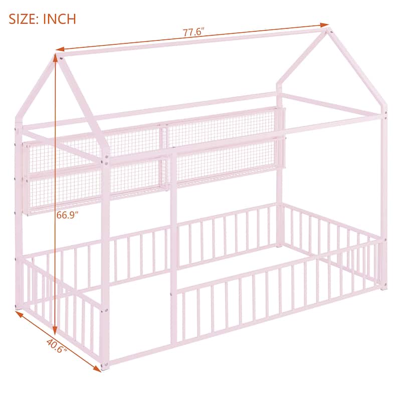 Twin Size Metal Bed House Bed Frame with Fence and Shelves, Black